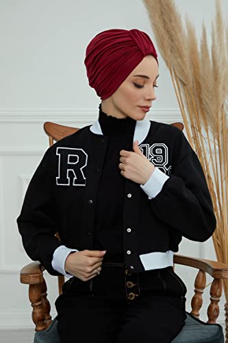 Aisha's Design Instant Turban Plain Cotton Scarf Head Wrap Lightweight Hat Bonnet Cap for Women - color: Maroon