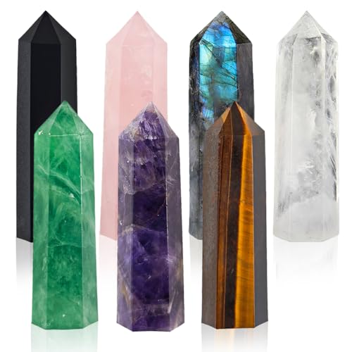 7Pcs 2-2.4″ Natural Crystal Obelisk Tower, Hexagonal Pointed Wand, Rose Quartz Amethyst Green Fluorite White Crystal Labradorite Obsidian Tiger's Eye Stone, Reiki Healing Crystal, Home Desktop Decor - color: 2.2inch/7pcs