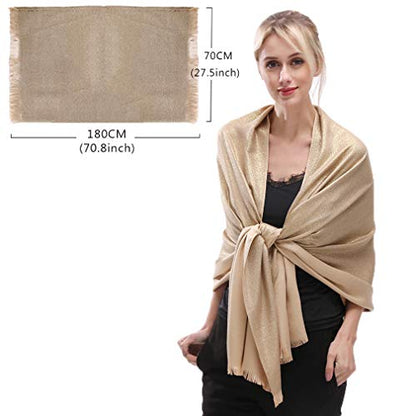 LMVERNA Women's Sparkling Metallic Soft Pashmina Shawls and Wraps Scarf in Solid Colors - color: Gold