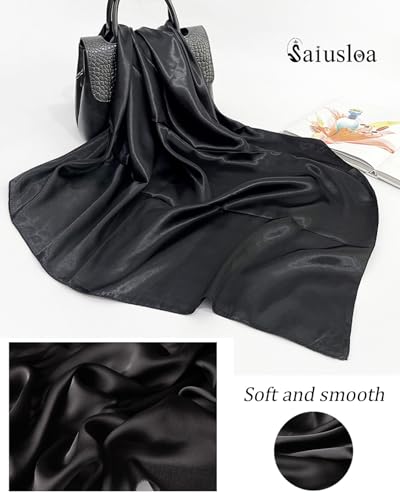 Saiusloa Solid Color Neck Scarf For Women Square Satin Head Scarves headband Bandanas 23.6× 23.6 inches - color: 1-black