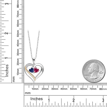 Gem Stone King 2-Heart Couple Name Engraved Pendant Necklace For Women | 925 Sterling Silver & 10K Yellow Gold | Customized and Personalized | Gemstone Birthstone & Lab Grown Diamond | 18 Inch Chain