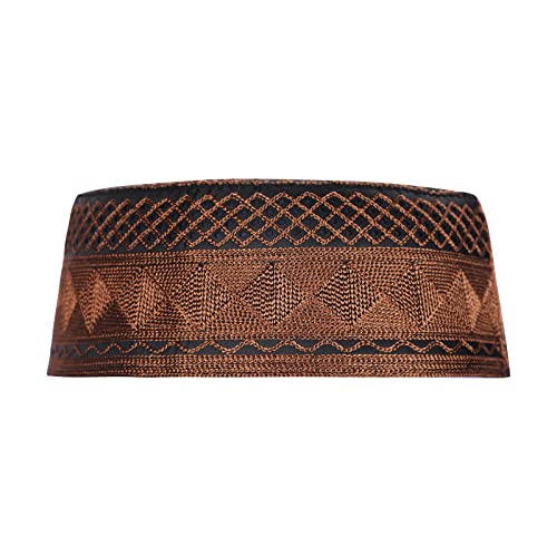Mens Muslim Hat Islamic Prayer Cap, Muslim Eid Prayer Embroidered Kufi Fat Ramadan Mosque Arab Indian Prayer Cap - color: Dark Brown