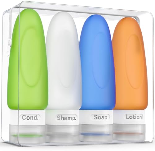Dot&Dot Leak Proof Travel Bottles - Tubes for Liquid TSA Approved 3oz Silicone Toiletries Travel Shampoo & Conditioner Containers with Labels - color: 3oz 4pc - White/Blue/Green/Orange