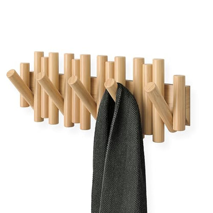 Umbra Picket Coat Rack, Wall Mount 5 Flip-Down Coat Hooks, Natural | Beveled pine wood dowels, supports up to 5 lbs, mounting hardware included, space saving - color: Natural, size: 5-Hook