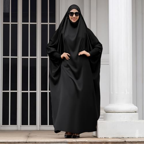 IKADEX Jilbab for Muslim Women Hooded Abaya Kaftan Dress Hijab Chador One-Piece Loose Fit Arabic Islamic Prayer Robe - color: Black