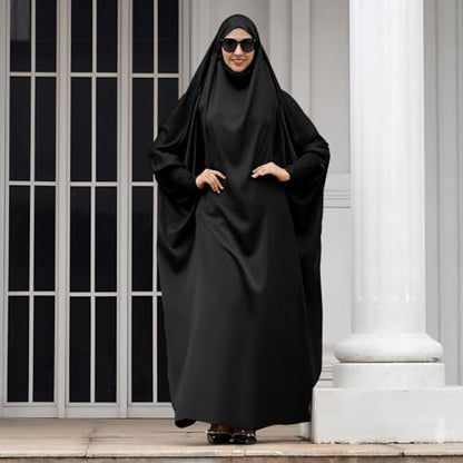 IKADEX Jilbab for Muslim Women Hooded Abaya Kaftan Dress Hijab Chador One-Piece Loose Fit Arabic Islamic Prayer Robe - color: Black