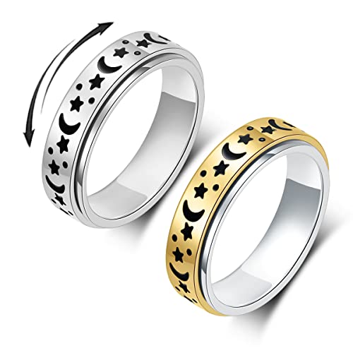 OreilleStar Anxiety Ring for Women Fidget Ring Stainless Steel Fidget Toys Adults Spinner Thumb Rings 2pcs Set Silver Gold Moon Star Fidgit Ring - size: Size 6, style: 2pcs-moon Star