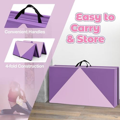 Giantex 4'x8' Gymnastics Mat, 2" Thick Folding Tumbling Mat with Carrying Handles, Foldable Gym Mat with Hook and Loop Fastener, Cheer Mats for Kids Adults Home Exercise Aerobics Fitness - color: Light Pink/Purple