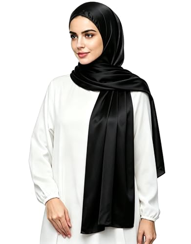 Lina & Lily Luxury Satin Hijab Head Scarf Shawl Wrap for Muslim Women Extra Long - color: Black