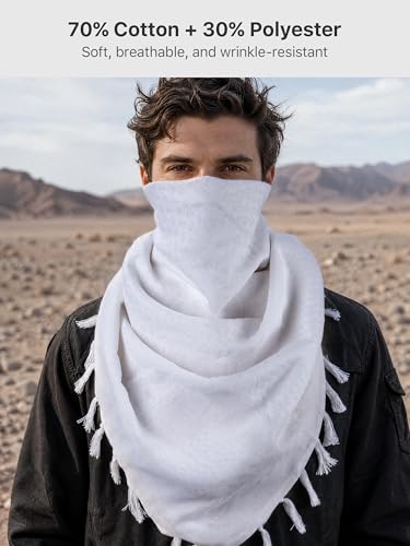 FREE SOLDIER Scarf Military Shemagh Tactical Desert Keffiyeh Head Neck Scarf Arab Wrap with Tassel for Men Women - color: Solid White