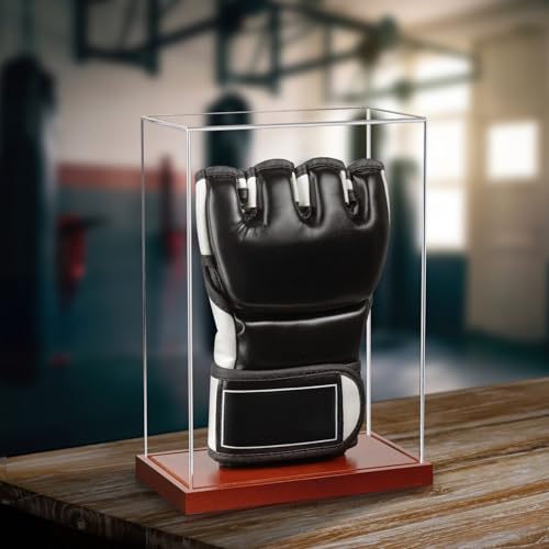 MMA Glove Display Case - No Assembly - Clear Acrylic Showcase with Wood Base, UV Protection Souvenirs and Collectibles Box (MMA Single Glover Holder, Rectangle)