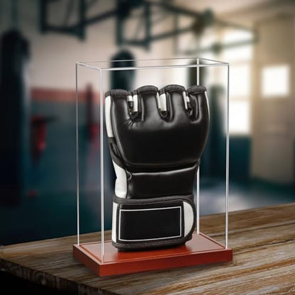 MMA Glove Display Case - No Assembly - Clear Acrylic Showcase with Wood Base, UV Protection Souvenirs and Collectibles Box (MMA Single Glover Holder, Rectangle)