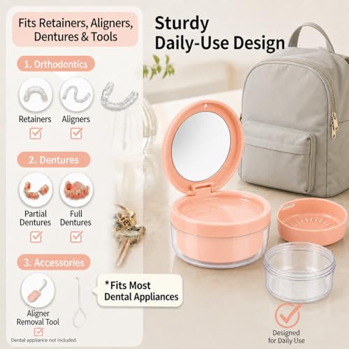 Retainer Soaking Case with Drain Basket, Leak-Proof Denture Bath Box with Magnetic Lid, Portable Cleaning Container for Aligners, Mouth Guard & Night Guard (Pink) - color: Pink