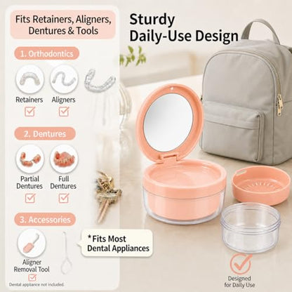 Retainer Soaking Case with Drain Basket, Leak-Proof Denture Bath Box with Magnetic Lid, Portable Cleaning Container for Aligners, Mouth Guard & Night Guard (Pink) - color: Pink