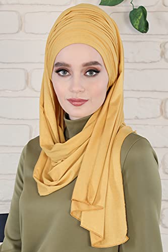 Aisha's Design Instant Hijab Scarves for Women, 95% Cotton Pretied Bonnet Turban Easy to Wear Cotton Headscarf - color: Mustard