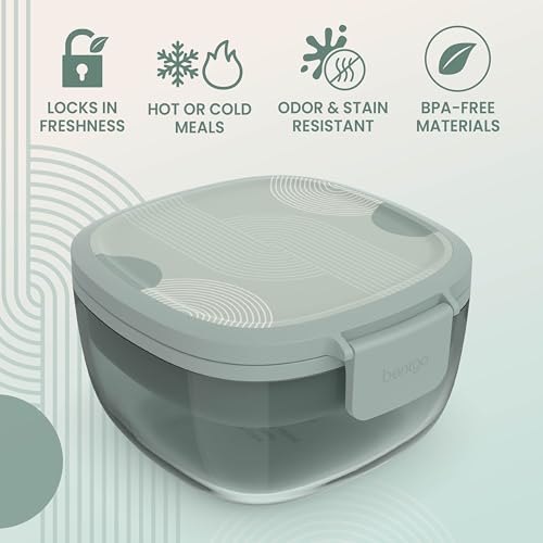 Bentgo Glass Prints Salad Container - 7.6-Cup Tinted Glass Salad Bowl with Airtight Lid, Leak-Proof Sauce Container, 4-Compartment Bento Meal Prep Tray & Reusable Fork (Mod Curve - Serene Green) - color: Mod Curve - Serene Green