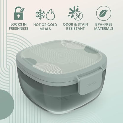 Bentgo Glass Prints Salad Container - 7.6-Cup Tinted Glass Salad Bowl with Airtight Lid, Leak-Proof Sauce Container, 4-Compartment Bento Meal Prep Tray & Reusable Fork (Mod Curve - Serene Green) - color: Mod Curve - Serene Green