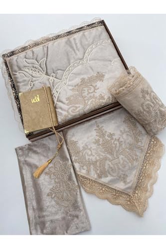 SODEF Ayhan Home 6-Piece Prayer Rug Set for Bride and Groom 27.6 x 47.2 in Cotton Velvet with Lace Trim Overlocked Edges Luxurious Islamic Gift - Brown, 28x47 inch