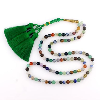 Muslims Islamic Dhikr 99 Tasbeeh Tasbih Prayer Beads, Colorful Agate Stone Beads with Tassel