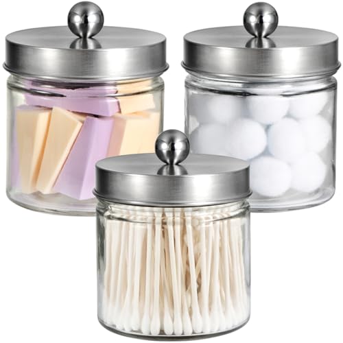 SheeChung Glass Mason Jar Qtip Holder Dispenser, Brushed Nickel Lids,3 Pack | Clear Apothecary Jar,Stainless Steel Lids,Small Bathroom Jars Canisters,Vanity Storage Organizer for Cotton Swabs,Balls,Floss - color: Brushed Nickel, size: 3 Pack