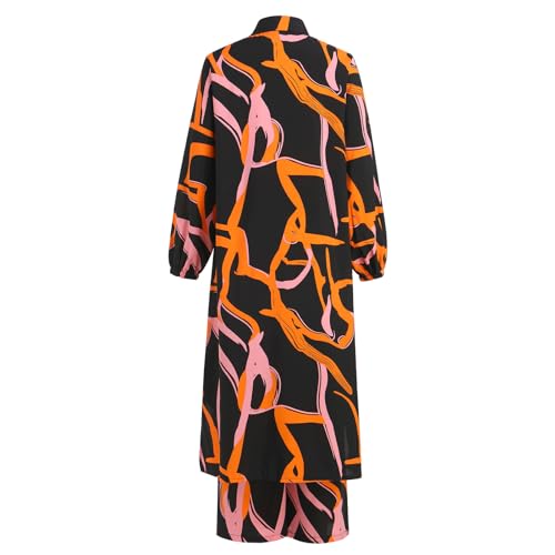 IDOPIP Abaya Dress for Women Muslim Set Long Sleeve Ramadan Islamic Dress Shirt with Pants 2PCS Dubai Prayer Casual Clothes - color: Black - Print, size: Large