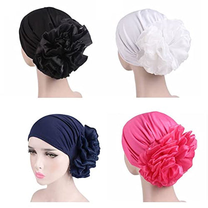 Women Flower Elastic Turban Beanie Head Scarf wrap Chemo Cap hat for Cancer Patient - color: Black White Navy Rose Red
