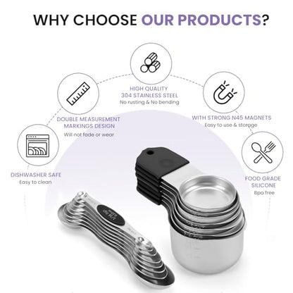 Magnetic Measuring Cups and Spoons Set-Heavy Duty 304 Stainless Steel | Double Measurement Markings,BPA-Free,Set of 16 with Leveler for Measuring Dry and Liquid Ingredients(Black) - color: Black