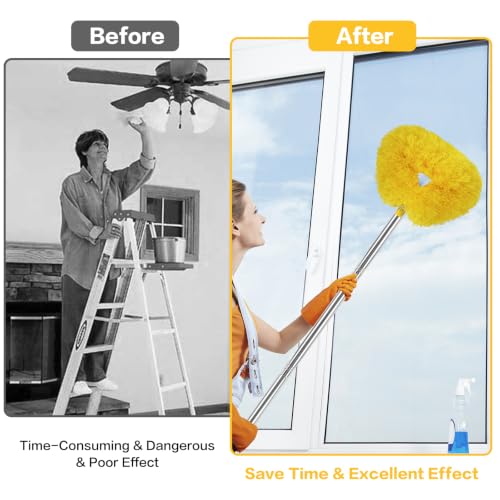 Ceiling Fan Cleaner Duster Reusable Microfiber Ceiling Fan Blade Cleaner Removable Duster with Extension Pole Adjusts 13 to 49.7 Inch for Cleaning Walls Bookshelves Furniture Door Window Top (Yellow) - color: Yellow