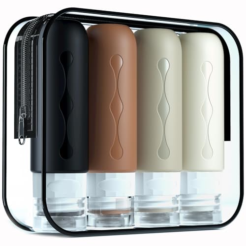 Gemice Travel Bottles for Toiletries, Tsa Approved Travel 3oz Size Containers with Clear Bag, BPA Free Leak Proof Travel Tubs Refillable Liquid Travel Accessories for Cometic Shampoo Lotion (4 Pack) - color: Brown, size: 3 Ounces