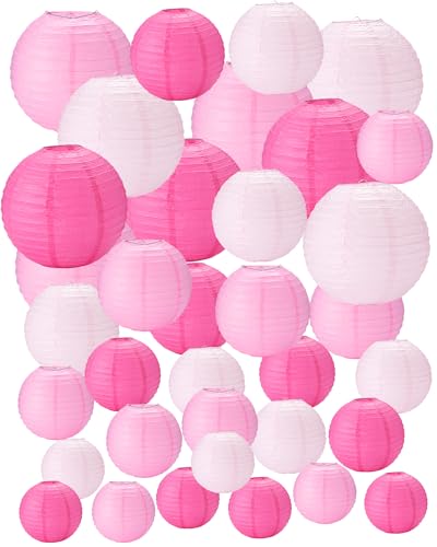 Treela 48 Pcs Paper Lanterns Party Decorations Chinese Lanterns Round Paper Decor 4/6/8/10 Inch Asian Hanging Lamps Decorative for Graduate Wedding Birthday Bridal Party Supplies(Pink Series) - color: Pink Series