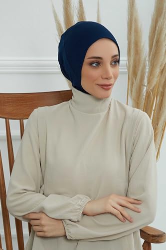 Aisha's Design Instant Turban 95% Cotton Head Scarf Headwear Combed Cotton Ninja Cap, Slip on Jersey Hijab - color: Navy Blue