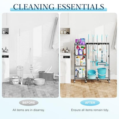 Broom Holder with Cleaning Supplies Organizer, Heavy Duty Janitorial Housekeeping Cart with Mop Clips & Hooks, Home Essentials Broom Closet Storage, Multifunctional Cleaning Cart for Laundry