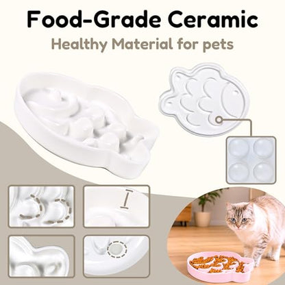 Ceramic Cat Slow Feeder Bowl - Shallow Whisker Friendly Cat Plate for Dry and Wet Food - Puzzle Feeder for Slow Eating - Helps Reduce Vomiting - Microwave & Dishwasher Safe -Non Slip(White,6.3''W) - color: White