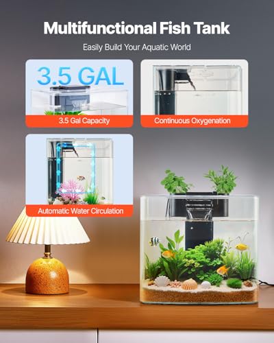 VEVOR Fish Tank Aquarium, 3.5 Gallon, Arch Design, Ultra-Clear GPPS Smart Tank with Adjustable 3-Color Lighting, Self-Cleaning System for Freshwater & Saltwater Fish - Home, Office Use