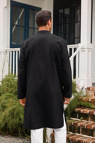 Runcati Mens Kaftan Thobe Button Down Casual Henley Shirts Long Sleeve Robe Cotton Linen Muslim Gown Shirt - color: Black, size: Medium