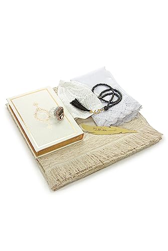 ihvan online Muslim Prayer Rug Set, Islamic Dowry Gift Box for Men & Women, Shawl, Kufi Hat, Digital Beads Counter, Quran Gift, Elegant Islamic Gifts Set for Ramadan & Eid & Wedding, White - color: White