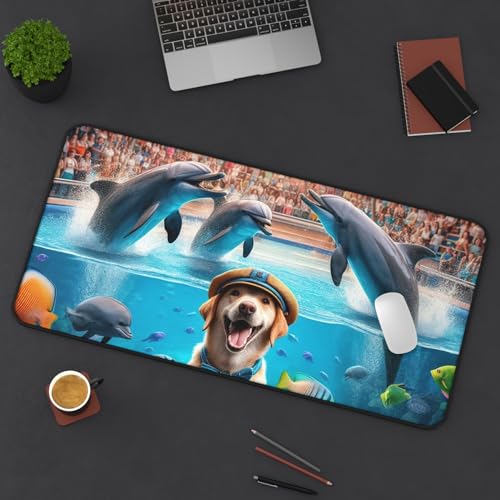 Dog Training Dolphins at an Aquarium - Vibrant Colors Rubber Base Smooth Surface Premium Desk Mat - size: 16" × 32"