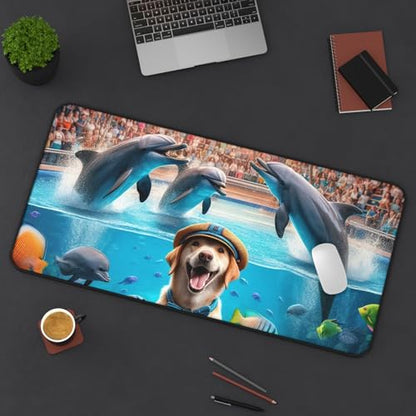 Dog Training Dolphins at an Aquarium - Vibrant Colors Rubber Base Smooth Surface Premium Desk Mat - size: 16" × 32"