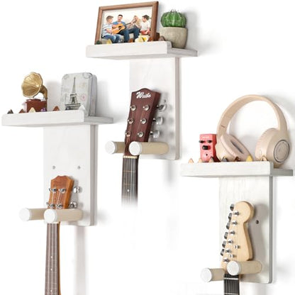 Keebofly Guitar Wall Mount 3-Pack - Rustic Wood Guitar Hanger with Pick Holder for Acoustic, Electric, Bass Guitars & Ukulele (Matte White, Screw-Mounted) [Patented] - color: 3 Pack_White
