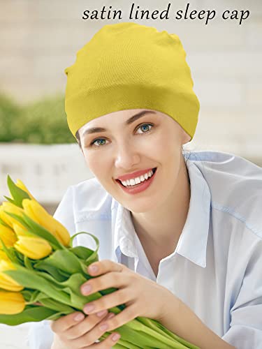 SATINIOR 4 Pieces Satin Lined Sleep Cap Silk Bonnet for Sleeping Women, Silk Hair Wrap Slouch Beanie Hat - color: Black, Wine Red, Grey, Yellow