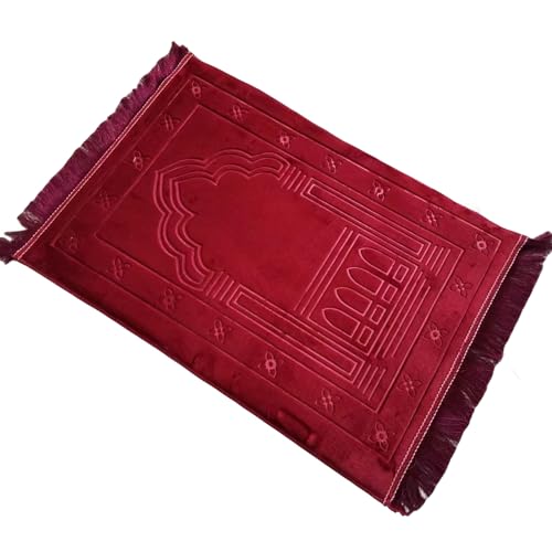 Thick Flannel Muslim Prayer Rug Embossed Turkish Prayer Carpet Islam Prayer Mat Rosary Beads for Men Women Islamic Janamaz Great Ramadan Eid Gift Elegant Sajadah with Tassel Salat Rug 80x120cm - color: Red