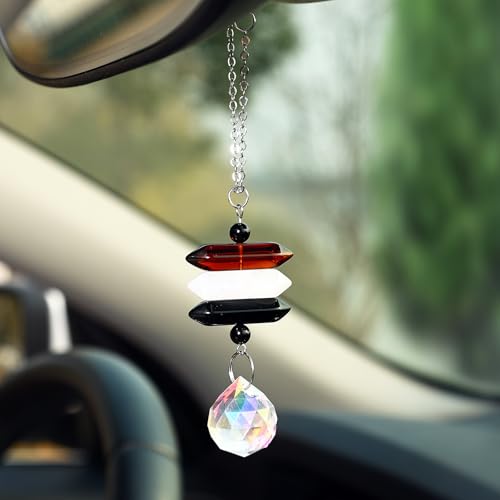 Car Rear View Mirror Accessories,Witchy Hanging Ornament Clear Quartz Crystal, Unique Black Onyx Rearview Decor Charm Handmade Glass Ball Beads Swinging Interior Decor for Women Men - color: Clear Quartz