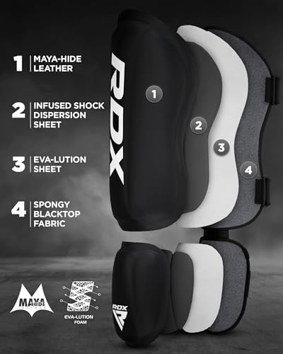 RDX Shin Guards Kickboxing Muay Thai, SATRA SMMAF Approved, Premium Maya Hide Leather, Leg Instep Protection Pads, MMA Martial Arts Kicking Sparring Training Gear, BJJ Karate Boxing Taekwondo, Black - color: Black, size: X-Large