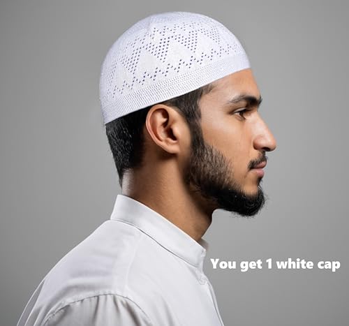 Kufi 남성용 모자 - 스컬 쿠피 캡 비니 - Taqiyah 크로셰 큐피 - 이슬람 선물 및 기도 모자를 위한 이슬람 모자 - 투피 - color: 화이트.