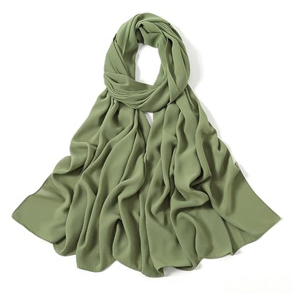 Heavy Not Easily See Through Long Chiffon Hijab Scarf for Women, Amazing Smooth Muslim Head Scarves - color: Olive Green