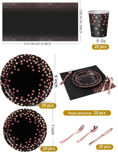 Nkaiso 141Pcs Black Rose Gold Paper Plates and Napkins Party Supplies for20 - color: Black and Rose Gold