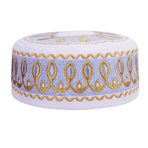 RUIXIA Men Boys Muslim Prayer Kufi Hat Skull Cap Embroidery Islam Kufi Headware takke Praying Beanie Hat Kofia Topi Hat - color: Blue/White--kids 7-10yrs