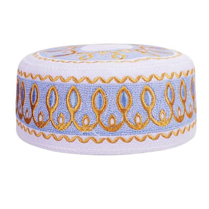 RUIXIA Men Boys Muslim Prayer Kufi Hat Skull Cap Embroidery Islam Kufi Headware takke Praying Beanie Hat Kofia Topi Hat - color: Blue/White--kids 7-10yrs