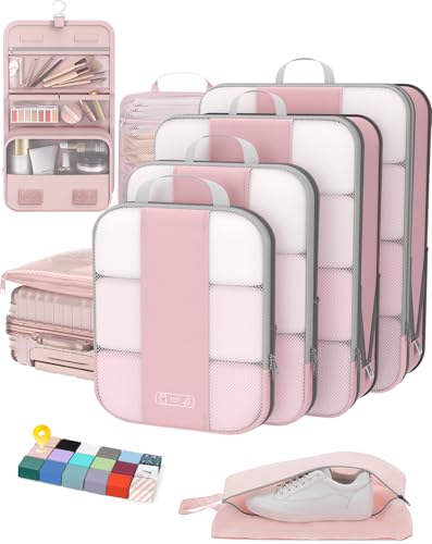 OlarHike 8 Set Compression Packing Cubes for Travel Essentials,Compressible Expandable Space Saver Bags for Organizing Clothes,Luggage Suitcase Garment Bags with Over 1000 pcs Mesh Holes(Pink) - color: Pink