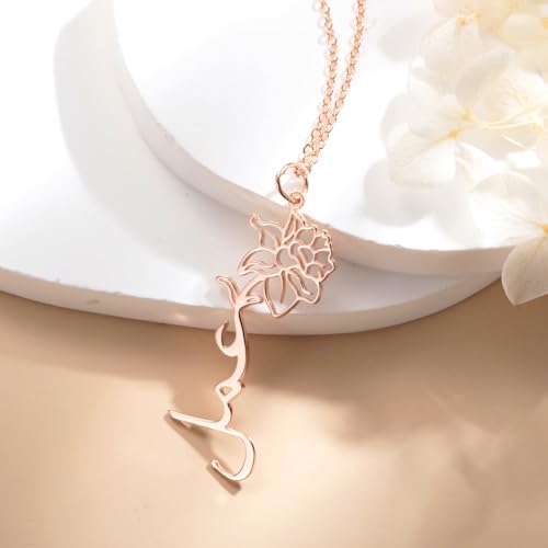 Personalized Birth Flower Arabic Name Necklace Islamic Gift for Her Custom Arabic Necklace for Women Arabic Font Necklaces Arabic Gift Gold Arabic Alphabet Muslim Name Necklace Minimalist Necklace - style: Vertical